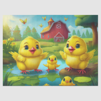 Frohe Ostern Gelbe Küken in einem Teich neben eine Seidenpapier