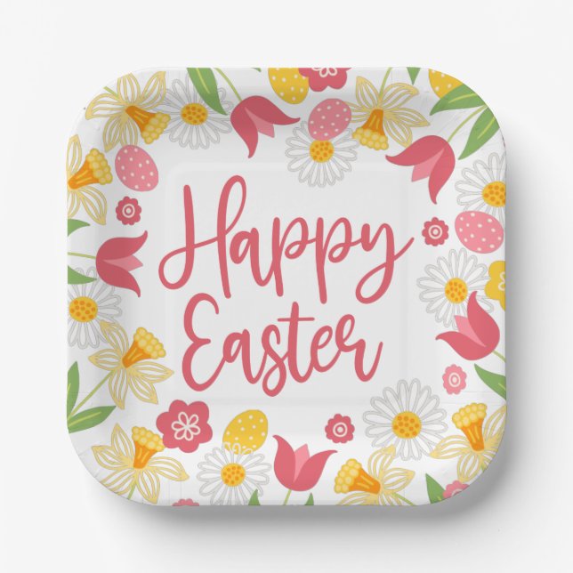 Frohe Ostern | Gelbe und rote Blumen  Pappteller (Vorderseite)