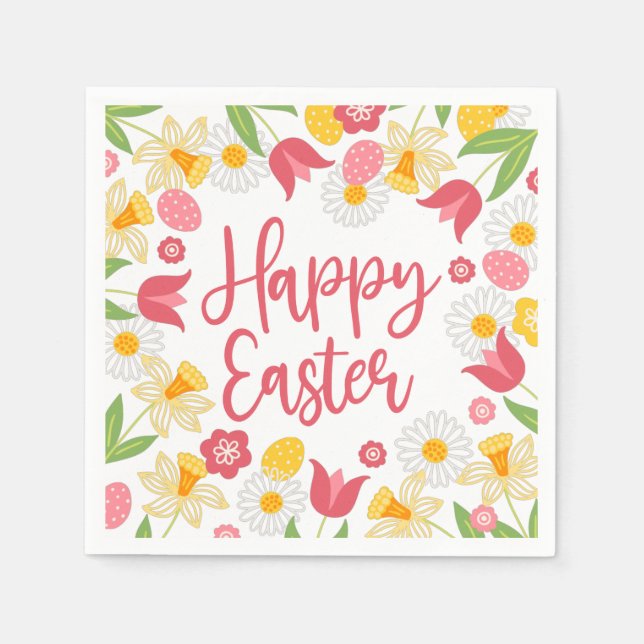 Frohe Ostern | Gelbe und rote Blumen  Serviette (Vorderseite)