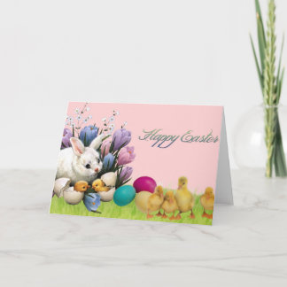 Frohe Ostern! Grußkarte für Hasen, Küken und Eier Feiertagskarte