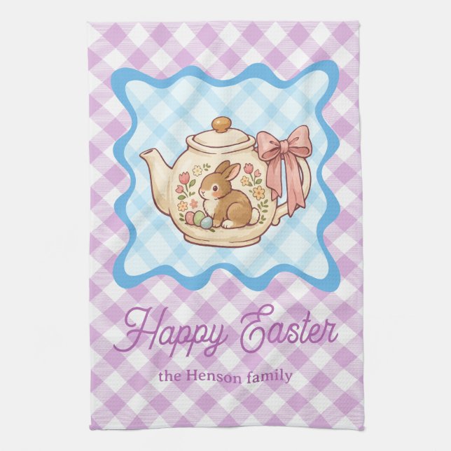 Frohe Ostern Häschen Teekanne Gingham  Geschirrtuch (Vertikal)