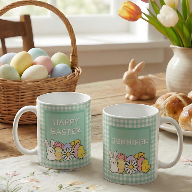 Frohe Ostern Hase Küken Eier Grün Gingham Kaffeetasse (Von Creator hochgeladen)