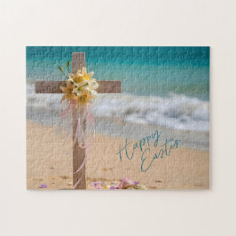 Frohe Ostern Holzkreuz mit Lilien am Strand