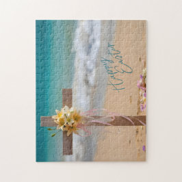 Frohe Ostern Holzkreuz mit Lilien am Strand