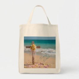 Frohe Ostern Holzkreuz mit Lilien am Strand Tragetasche