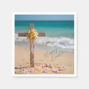 Frohe Ostern Holzkreuz und Lilien am Strand Serviette