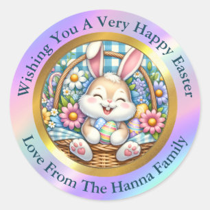 Frohe Ostern I Süßer Hase im Korb Geschenk Runder Aufkleber