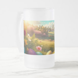 Frohe Ostern in einer Frühlingslandschaft Mattglas Bierglas