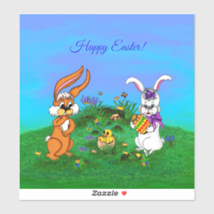 Frohe Ostern! Kaninchen mit Bunny und Chick Aufkleber