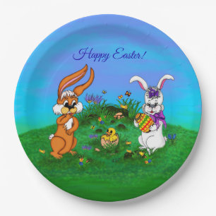 Frohe Ostern! Kaninchen mit Bunny und Chick Pappteller