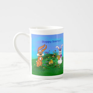 Frohe Ostern! Kaninchen mit Bunny und Chick Prozellantasse