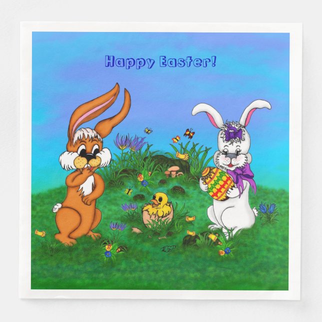 Frohe Ostern! Kaninchen mit Bunny und Chick Serviette (Vorderseite)