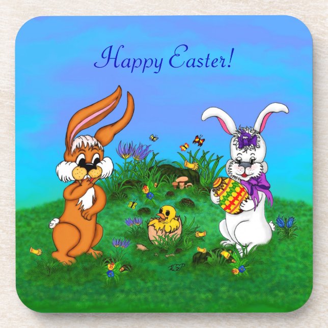 Frohe Ostern! Kaninchen mit Bunny und Chick Untersetzer (Vorderseite)