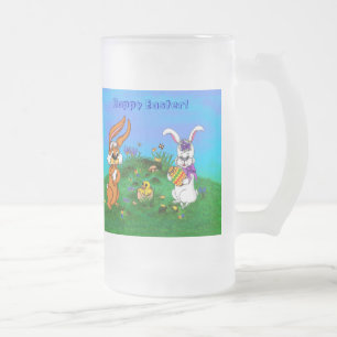 Frohe Ostern! Kaninchen mit Häschen und Küken Mattglas Bierglas