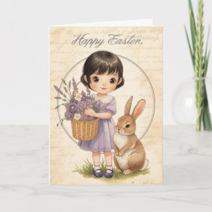 Frohe Ostern Karte - Mädchen-Hase mit Lavendel