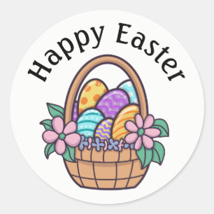 Frohe Ostern Korb, Ostereier und Blumen Runder Aufkleber
