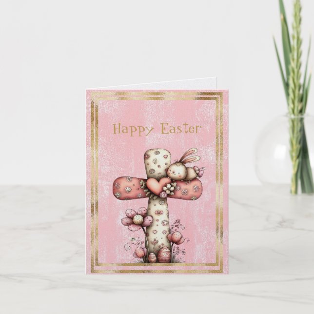 Frohe Ostern Kreuz Hase Blumen Eier (Vorderseite)