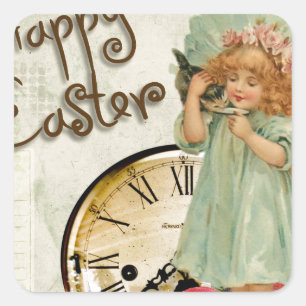 frohe ostern mädchen quadratischer aufkleber