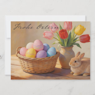 Frohe Ostern mit bunten Eiern und Tulpen
