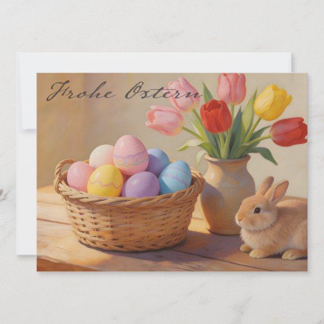 Frohe Ostern mit bunten Eiern und Tulpen (Vorderseite)