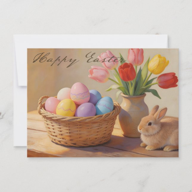 Frohe Ostern mit bunten Eiern und Tulpen (Vorderseite)