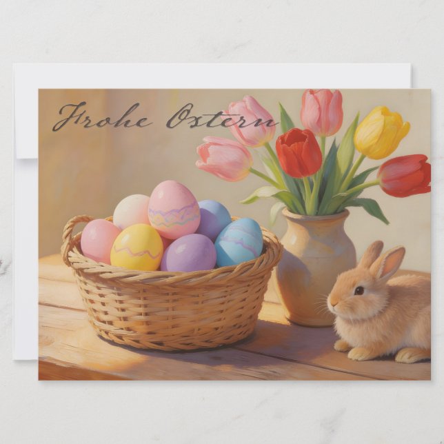 Frohe Ostern mit bunten Eiern und Tulpen (Vorderseite)