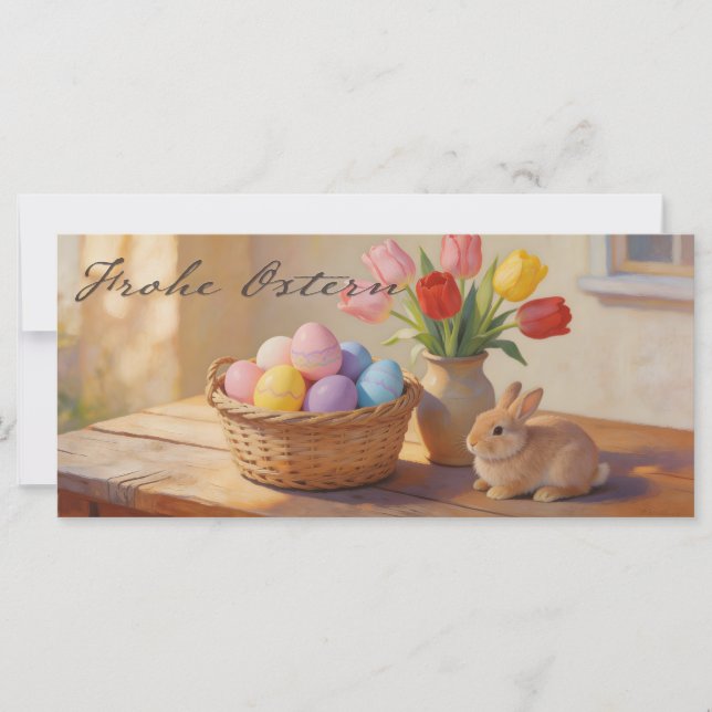 Frohe Ostern mit bunten Eiern und Tulpen (Vorderseite)