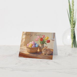 Frohe Ostern mit bunten Eiern und Tulpen Dankeskarte