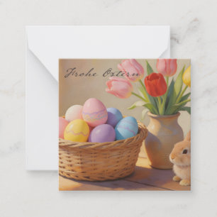 Frohe Ostern mit bunten Eiern und Tulpen Mitteilungskarte