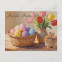 Frohe Ostern mit bunten Eiern und Tulpen