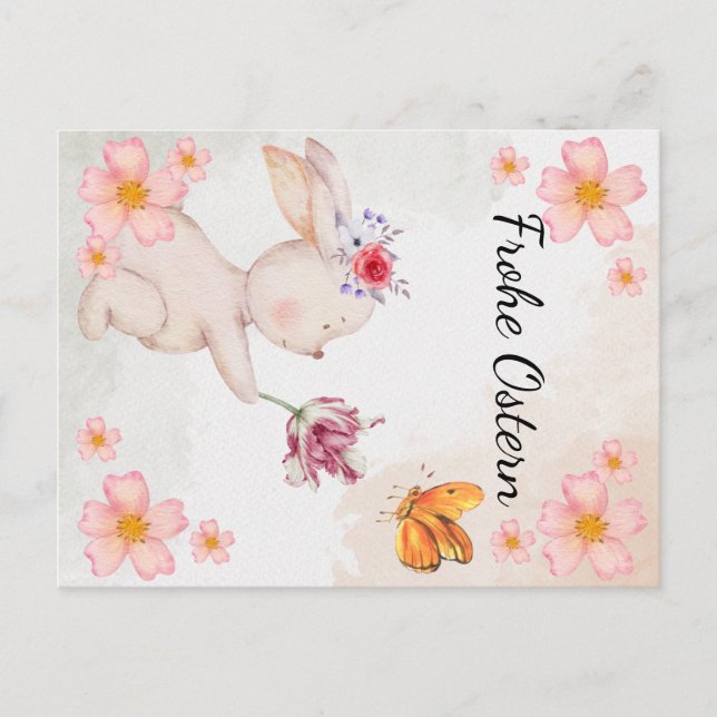 Frohe Ostern -  mit hase und Blumen  Postkarte (Vorderseite)