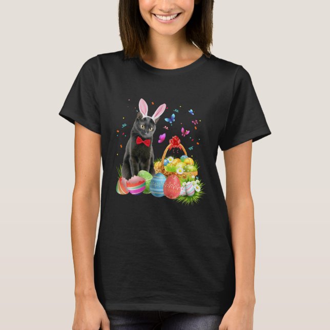 Frohe Ostern mit Niedlichem Bunny Black Cat Eggs B T-Shirt (Vorderseite)