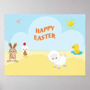 Frohe Ostern mit Niedlichen Landtieren Poster