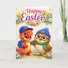 Frohe Ostern mit Rex und süßem Dinosaurier und Eul Karte