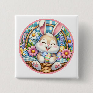 Frohe Ostern mit süßem Hasen, Eiern und Blumen Button