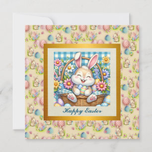 Frohe Ostern mit süßem Hasen, Eiern und Blumen Einladung