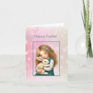Frohe Ostern mit süßem Mädchen und Hase Karte