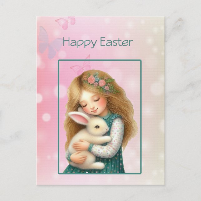 Frohe Ostern mit süßem Mädchen und Hase Karte (Vorderseite)