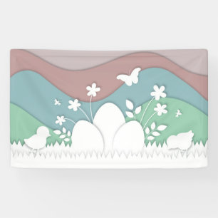 Frohe Ostern, niedliche Küken, Ostereier auf Gras Banner