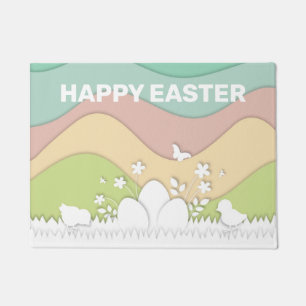 Frohe Ostern, niedliche Küken, Ostereier auf Gras Fußmatte