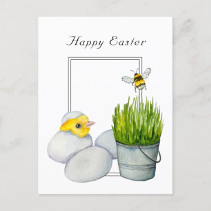 Frohe Ostern, niedliches Küken und Hummeln Postkarte