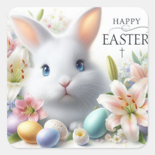 Frohe Ostern, Osterhase, Eier und Blumen Quadratischer Aufkleber