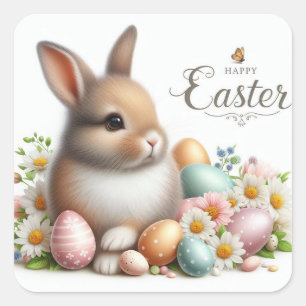 Frohe Ostern, Osterhase, Eier und Blumen Quadratischer Aufkleber