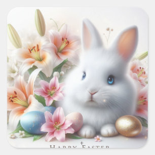 Frohe Ostern, Osterhase, Eier und Blumen Quadratischer Aufkleber