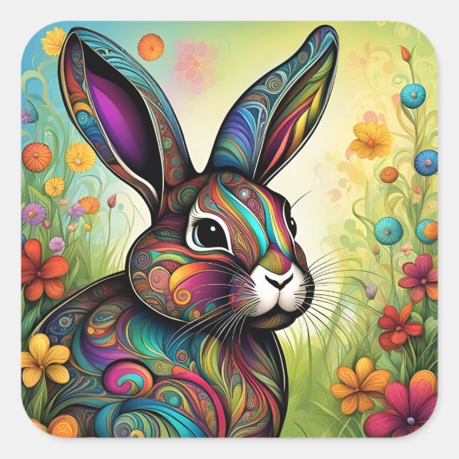 Frohe Ostern - Osterhase in Blumen Quadratischer Aufkleber (Vorderseite)