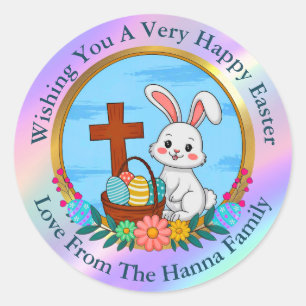 Frohe Ostern, Osterhase mit Kreuz und Ei Runder Aufkleber