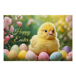 Frohe Ostern Ostern Baby Küken mit bemalten Eiern  Poster