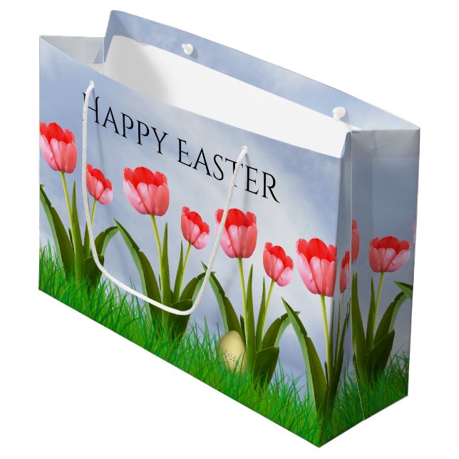 Frohe Ostern: Pink Tulips Floral Fotoei Große Geschenktüte (Vorderseite Schrägansicht)