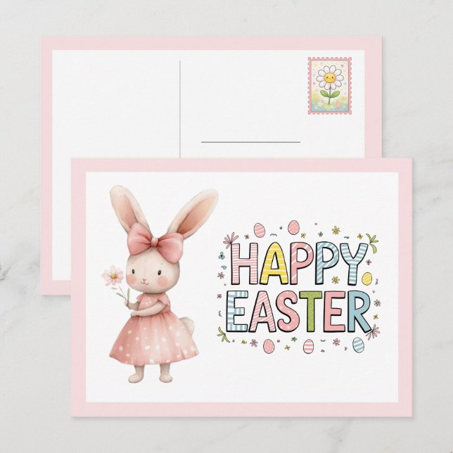 Frohe Ostern Rosa Hase Postkarte (Vorne/Hinten)