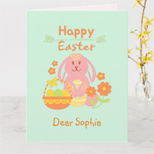 Frohe Ostern Rosa Hase und Blumen Karte